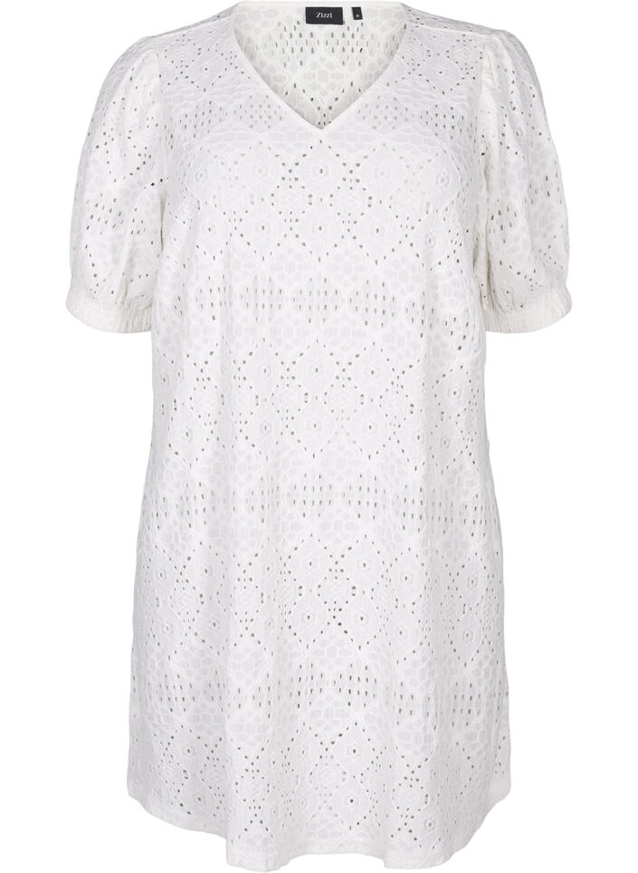 Short dress with v-neck and hole pattern, Bright White, Packshot image number 0