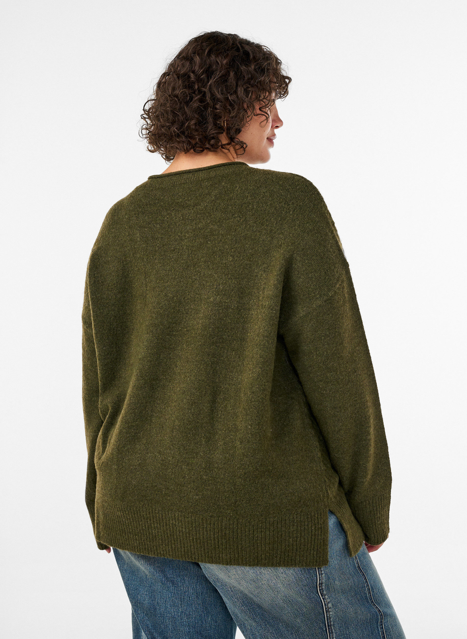 ZizzifashionKnitted blouse with V-shaped rib pattern and slits, Green, Model image number 2