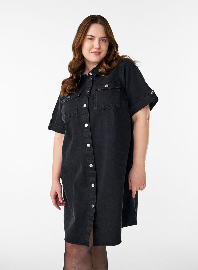 Denim dress with short sleeves and buttons, Black, Model image number 0
