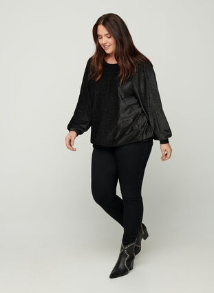Velour blouse with puff sleeves, Black, Model image number 2