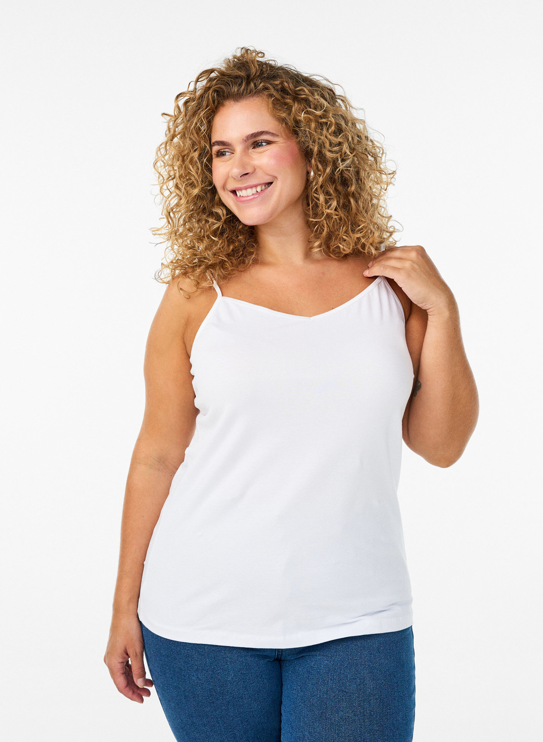 Basic cotton spaghetti strap top, White, Model