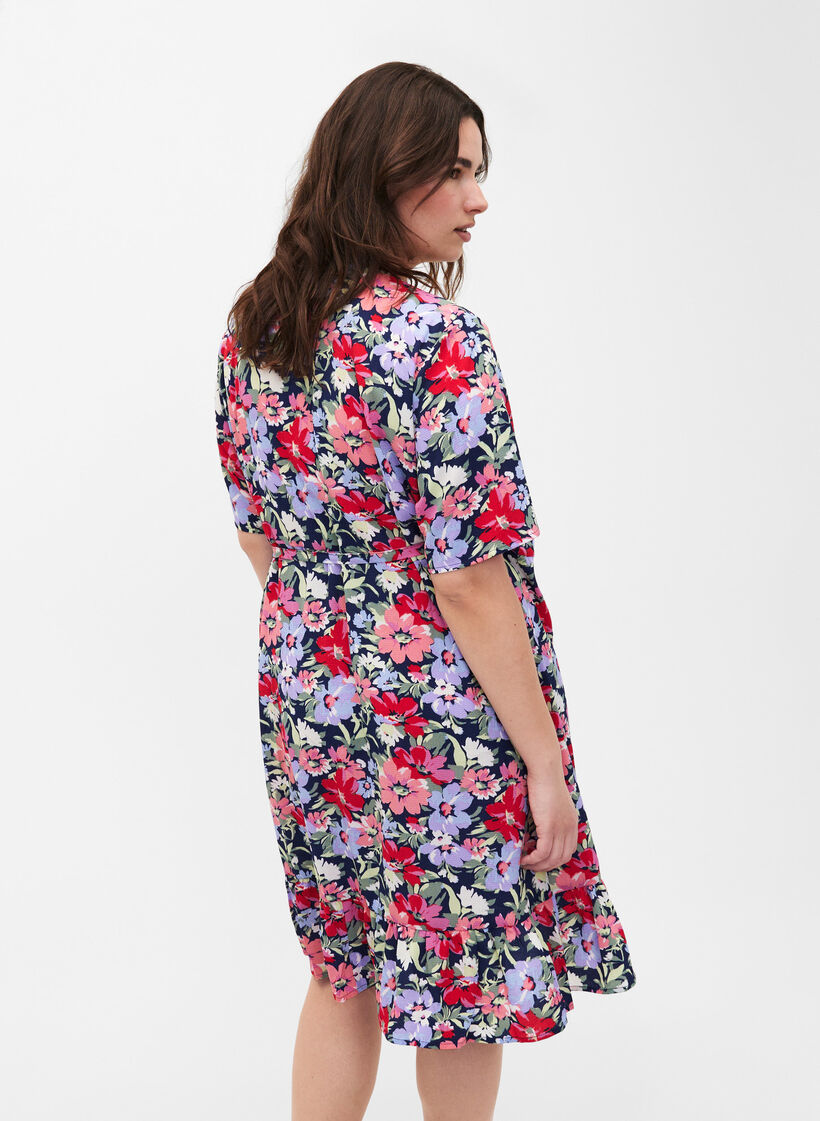 Floral wrap dress with short sleeves, Blue, Model image number 2