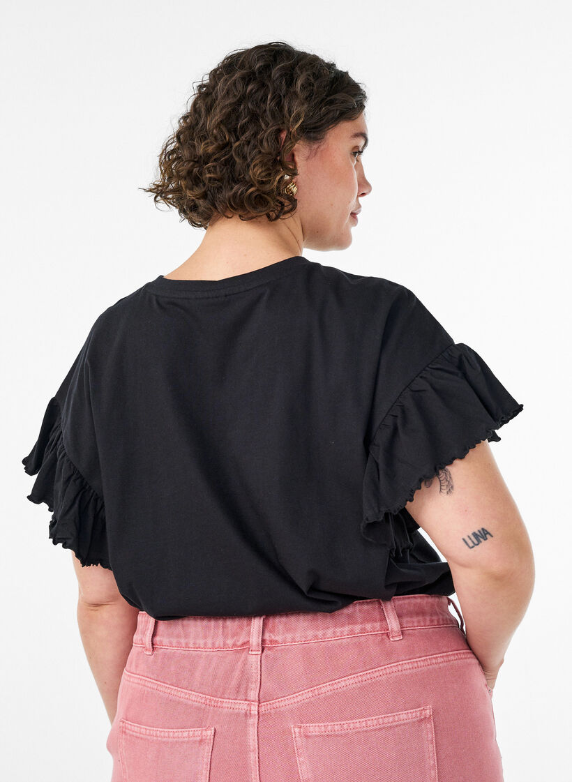 Organic cotton T-shirt with ruffle sleeves, Black, Model image number 2