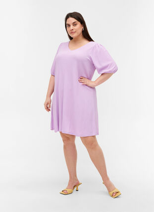 Dress with puff sleeves and V-neck, Purple Rose, Model image number 2