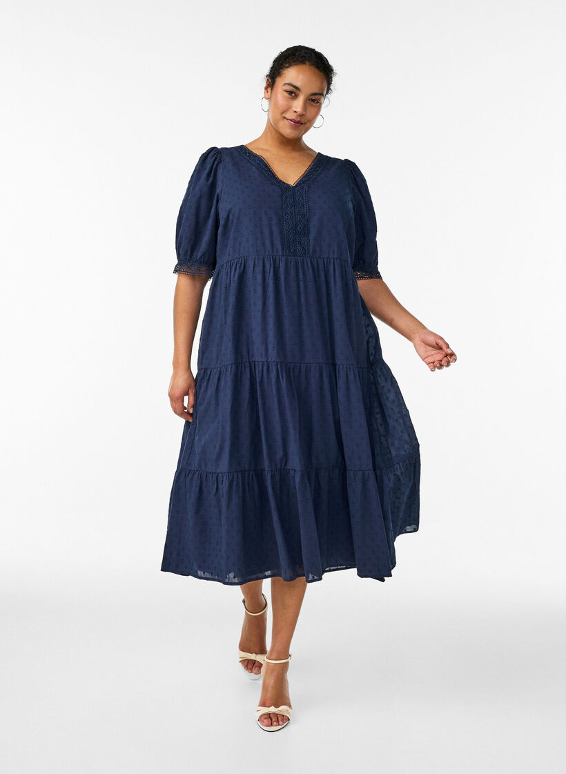 Textured cotton midi dress with crochet details, Blue, Model image number 0