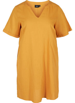 Short-sleeved dress in a cotton blend with linen, Honey Mustard, Packshot image number 0
