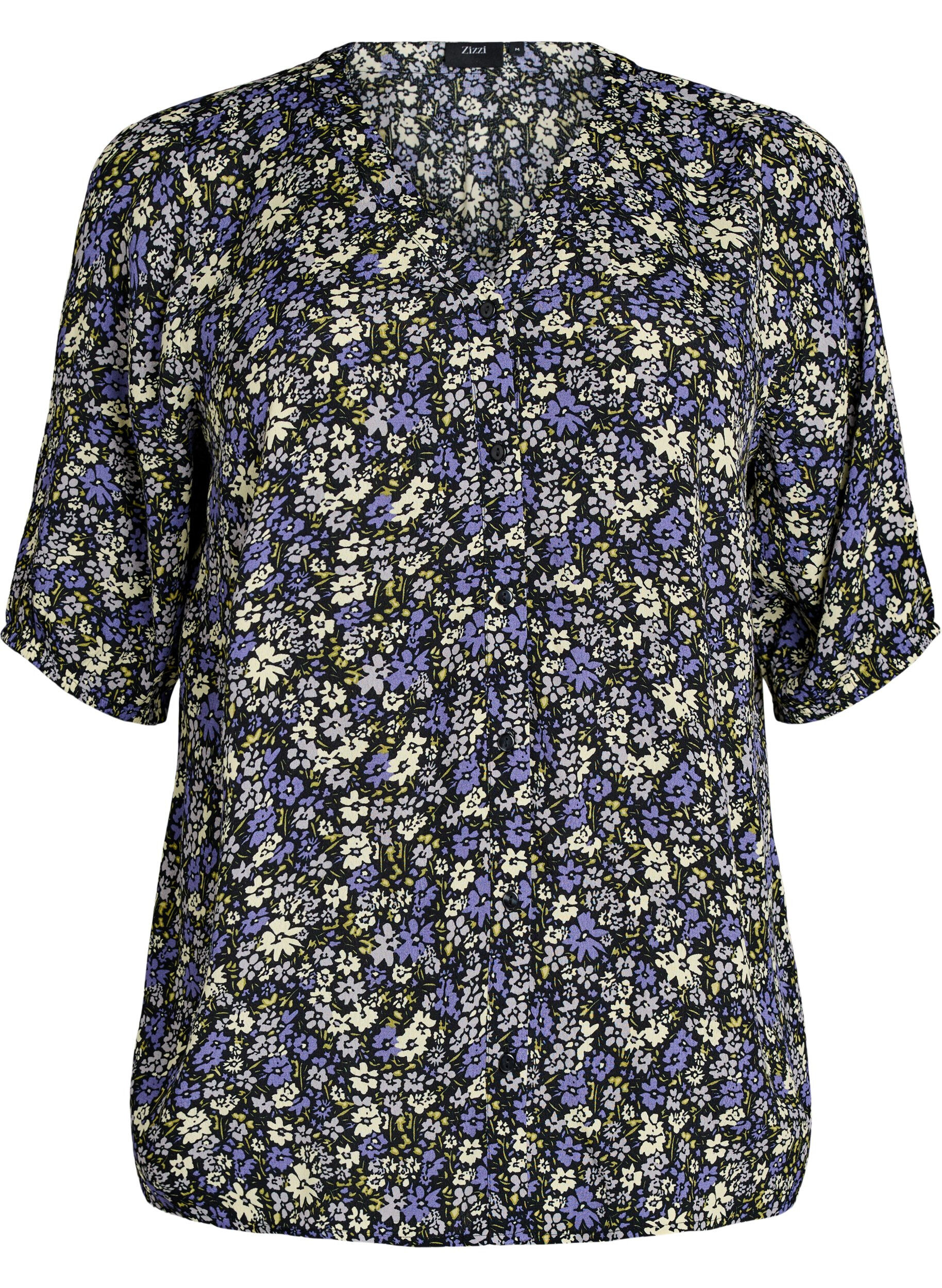 Zizzifashion Viscose blouse with print and button fastening, Black, Packshot image number 0