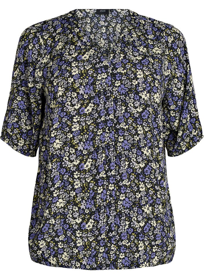Viscose blouse with print and button fastening, Black, Packshot image number 0