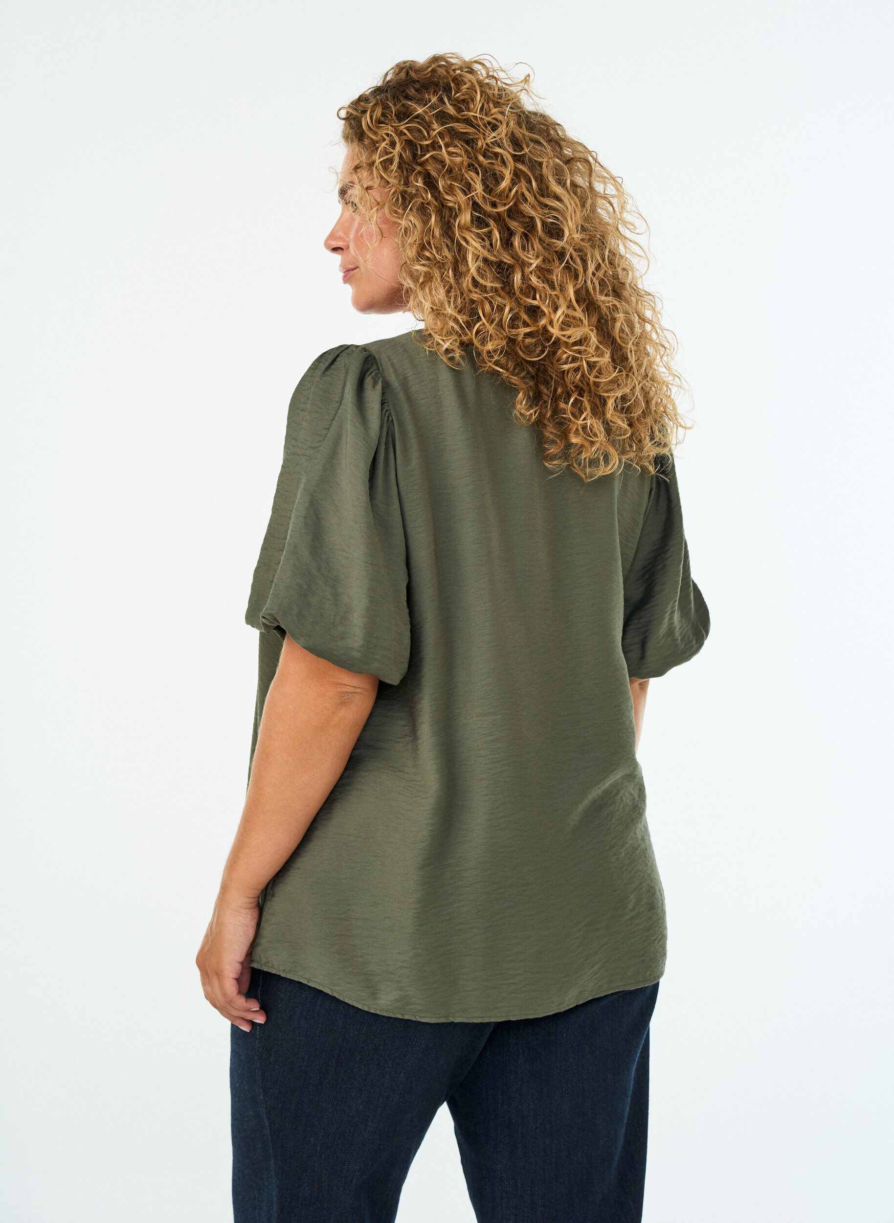 ZizzifashionBlouse with balloon sleeves and V-neck, Green, Model image number 1