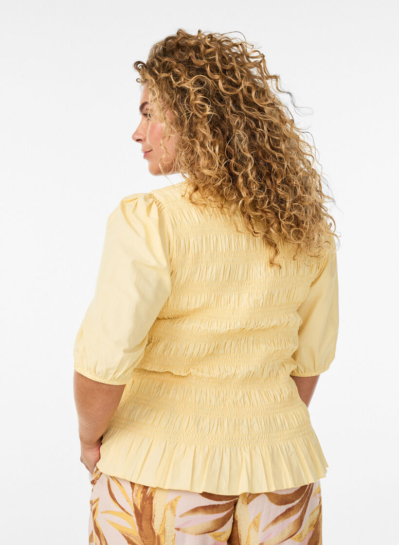 Smock blouse with a ruffle hem and boat neck, Yellow, Model image number 2