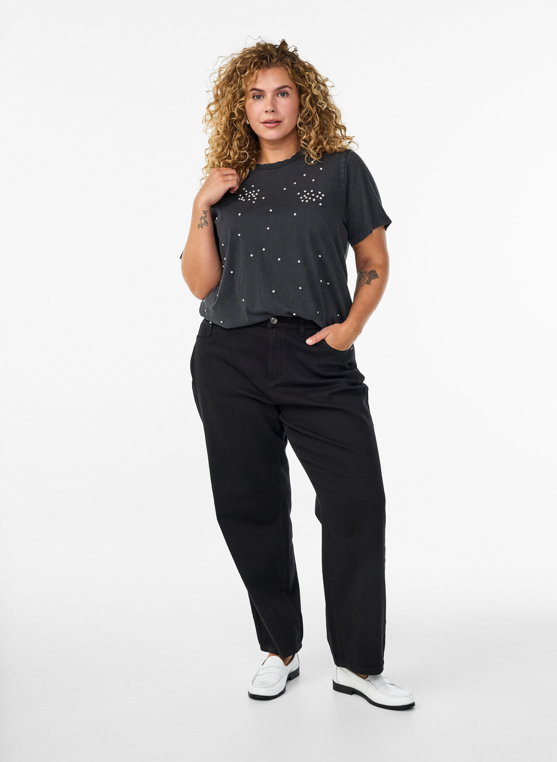 Zizzifashion T-shirt with rhinestones and a washed look, Grey, Model image number 1