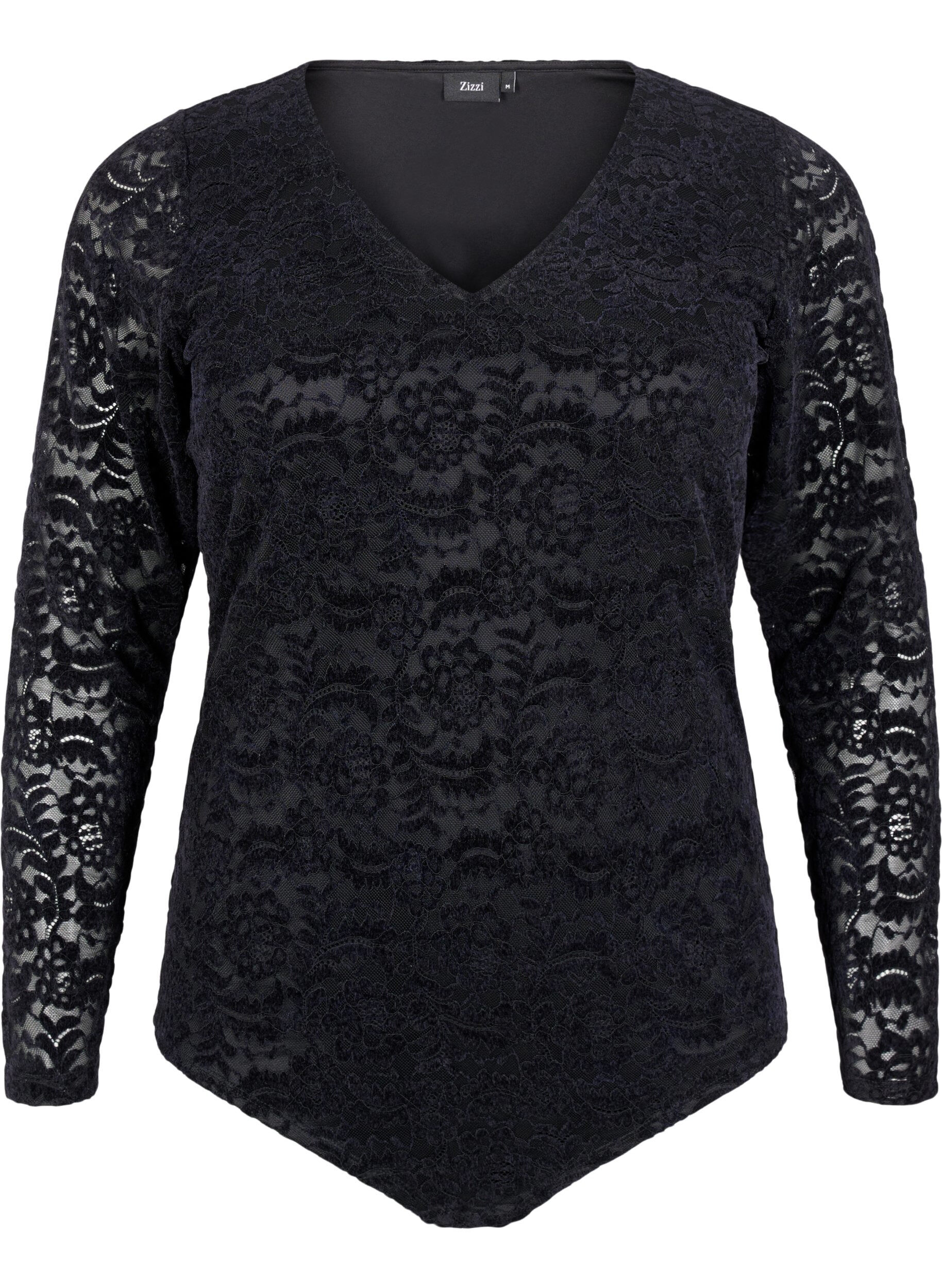 Zizzifashion Lace bodystocking with long sleeves, Black, Packshot image number 0