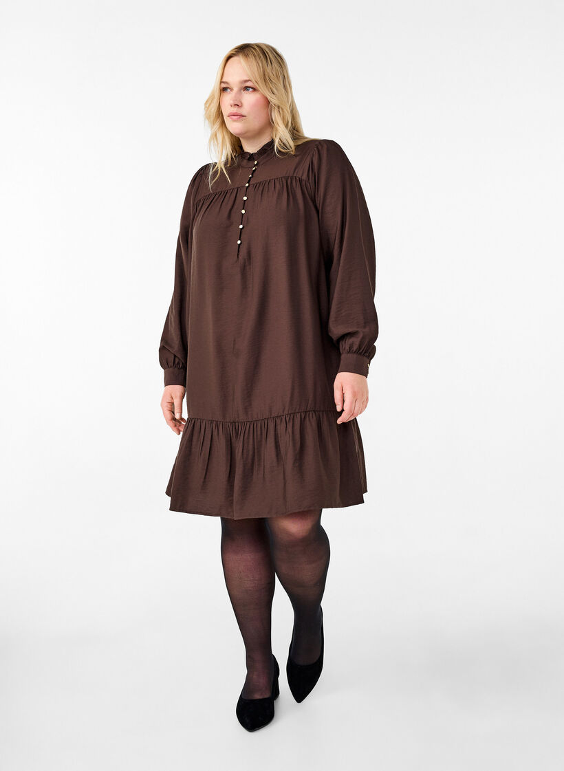 Short dress with ruffle collar, Seal Brown, Model image number 2
