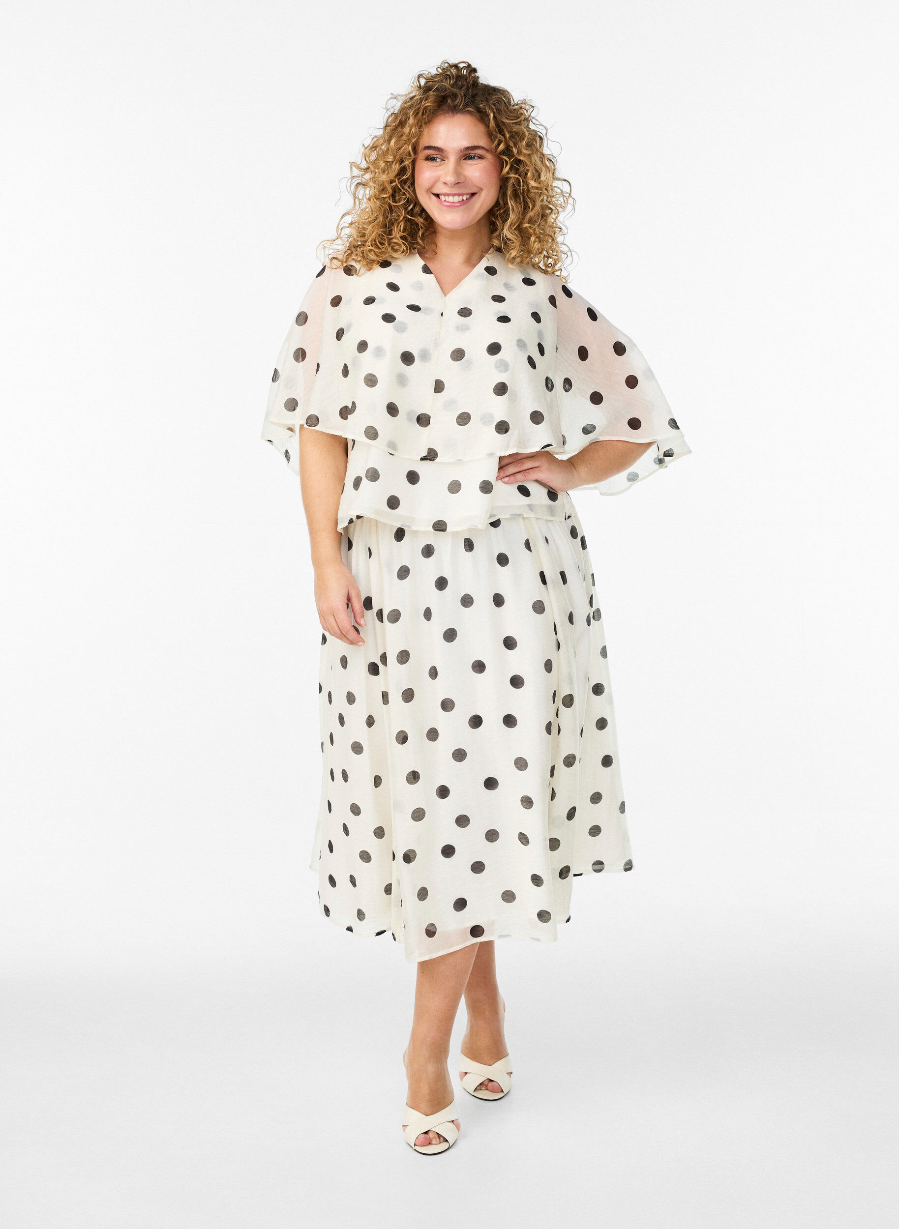 Zizzifashion A-line midi skirt with polka dots, Vanilla, Model image number 1