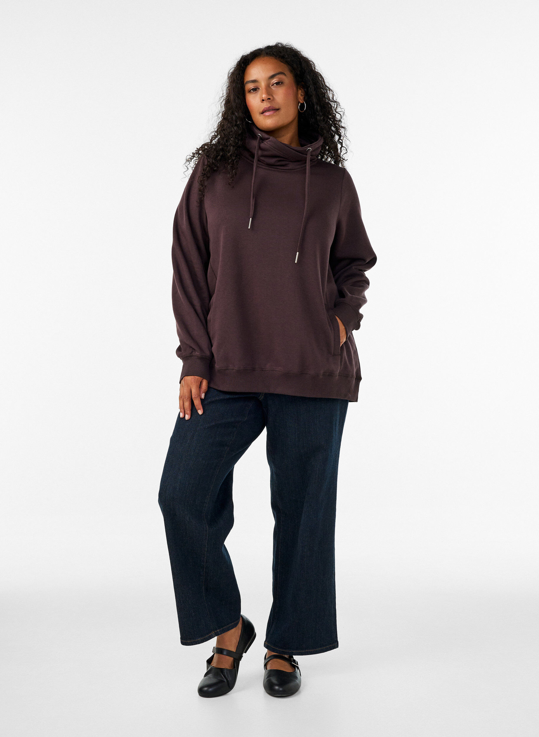 ZizzifashionSweatshirt with high collar and pockets, Brown, Model image number 1