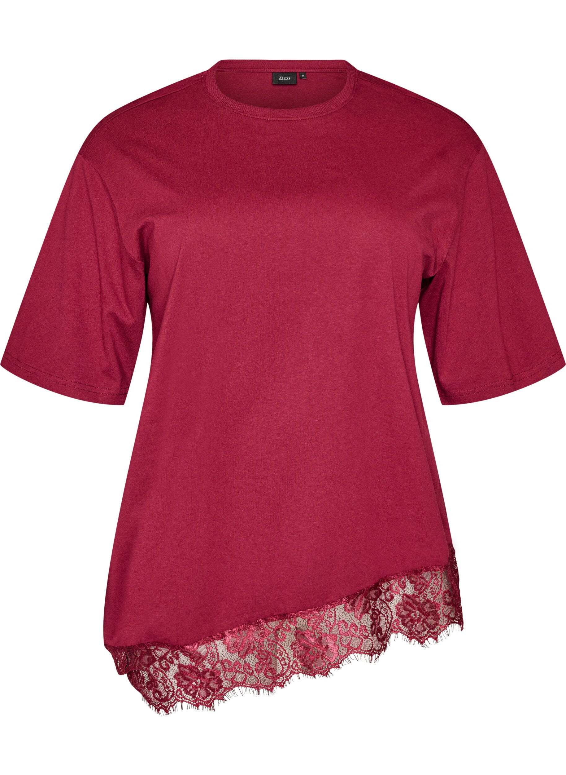 Zizzifashion T-shirt with asymmetric lace hem, Red, Packshot image number 0
