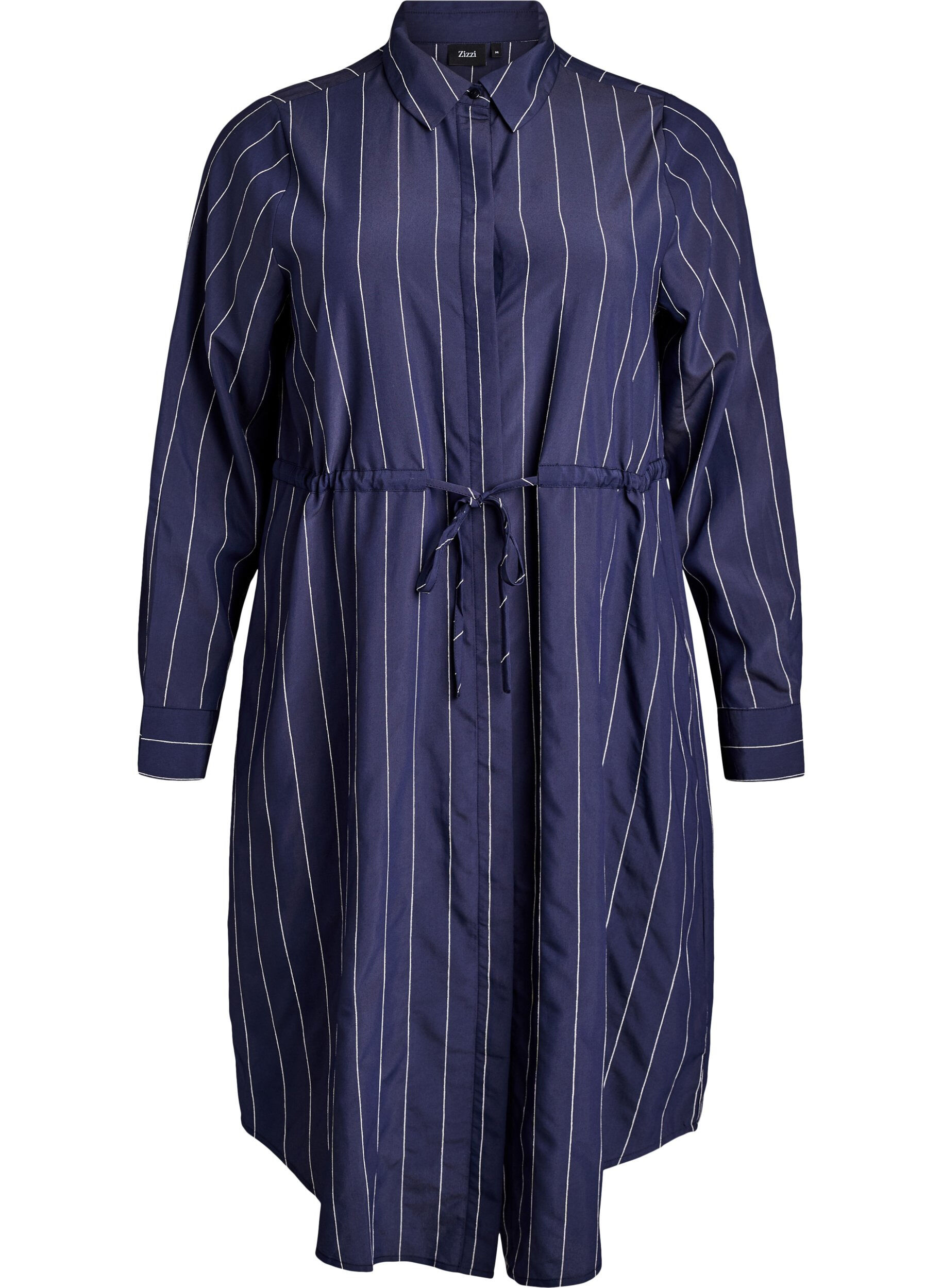 Long shirt with pinstripes and a tie-belt