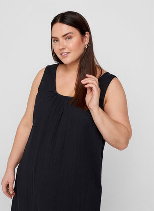 Sleeveless cotton dress in an A-line cut, Black, Model image number 2