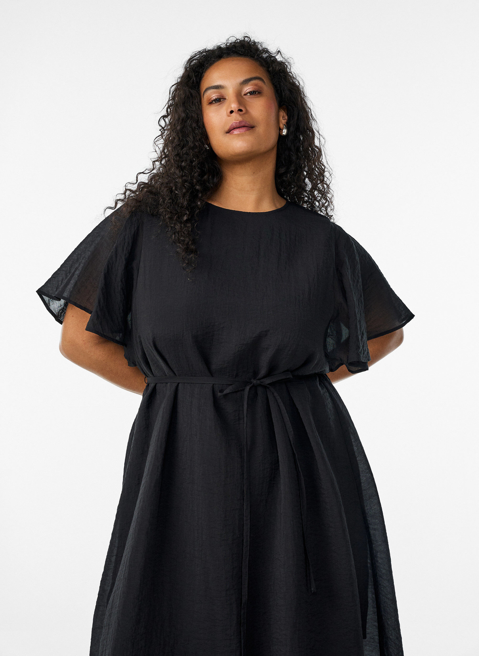 Zizzifashion Ankle-length dress with flutter sleeves and tie-waist, Black, Model image number 2