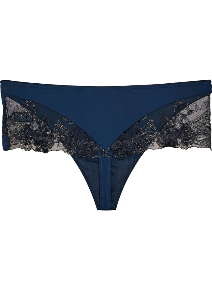 Hipster thong with floral embroidery and regular waist, Blue, Packshot image number 2