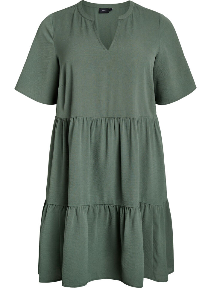 Short sleeve dress with a-line and cutlines, Green, Packshot image number 0