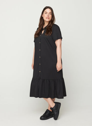 Short-sleeved midi dress with buttons, Black, Model image number 0