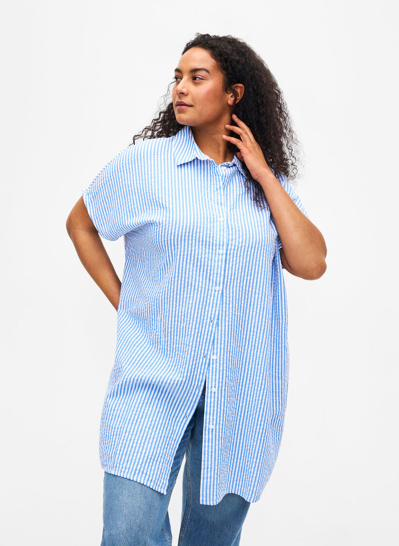Long striped cotton shirt, Light Blue Stripe, Model image number 0