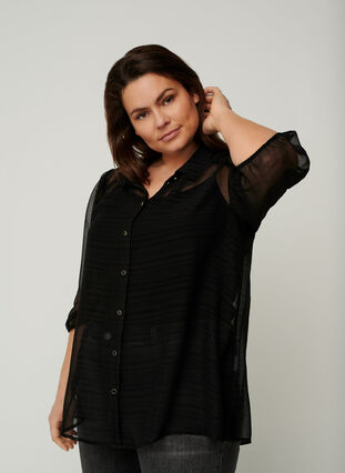 Transparent shirt with 3/4 length puff sleeves, Black, Model image number 0