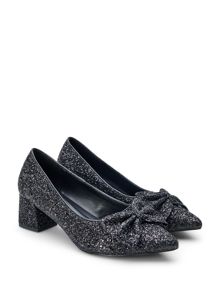 Wide fit - Glitter pump with bow, Black, Packshot image number 1