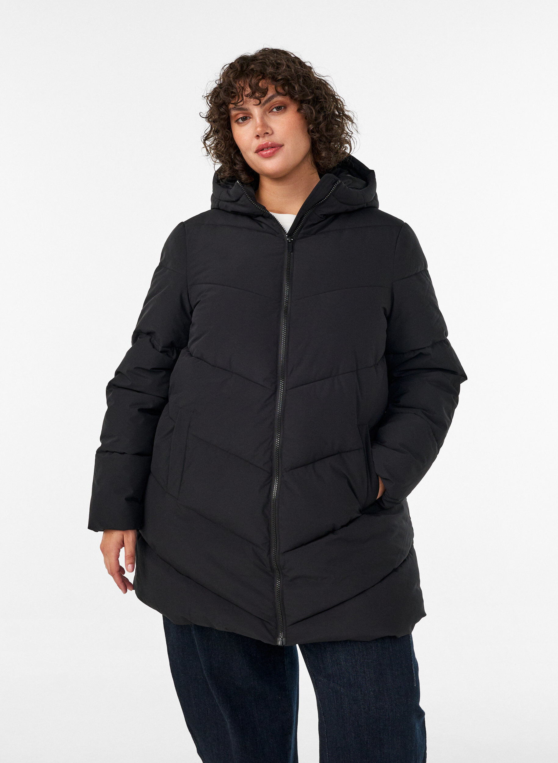 ZizzifashionMid-length puffer jacket with hood, Black, Model image number 3