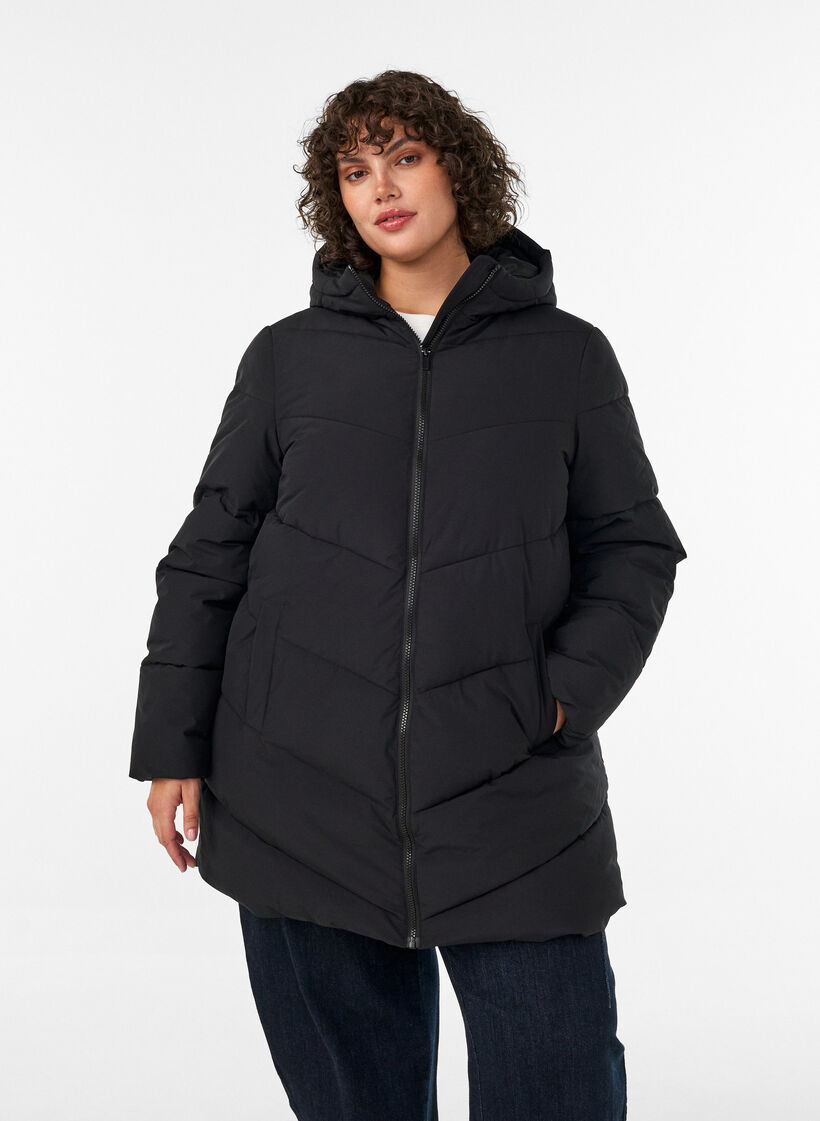 Mid-length puffer jacket with hood, Black, Model image number 3