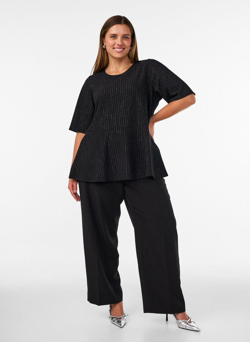Peplum blouse with glitter stripes, Black, Model image number 1