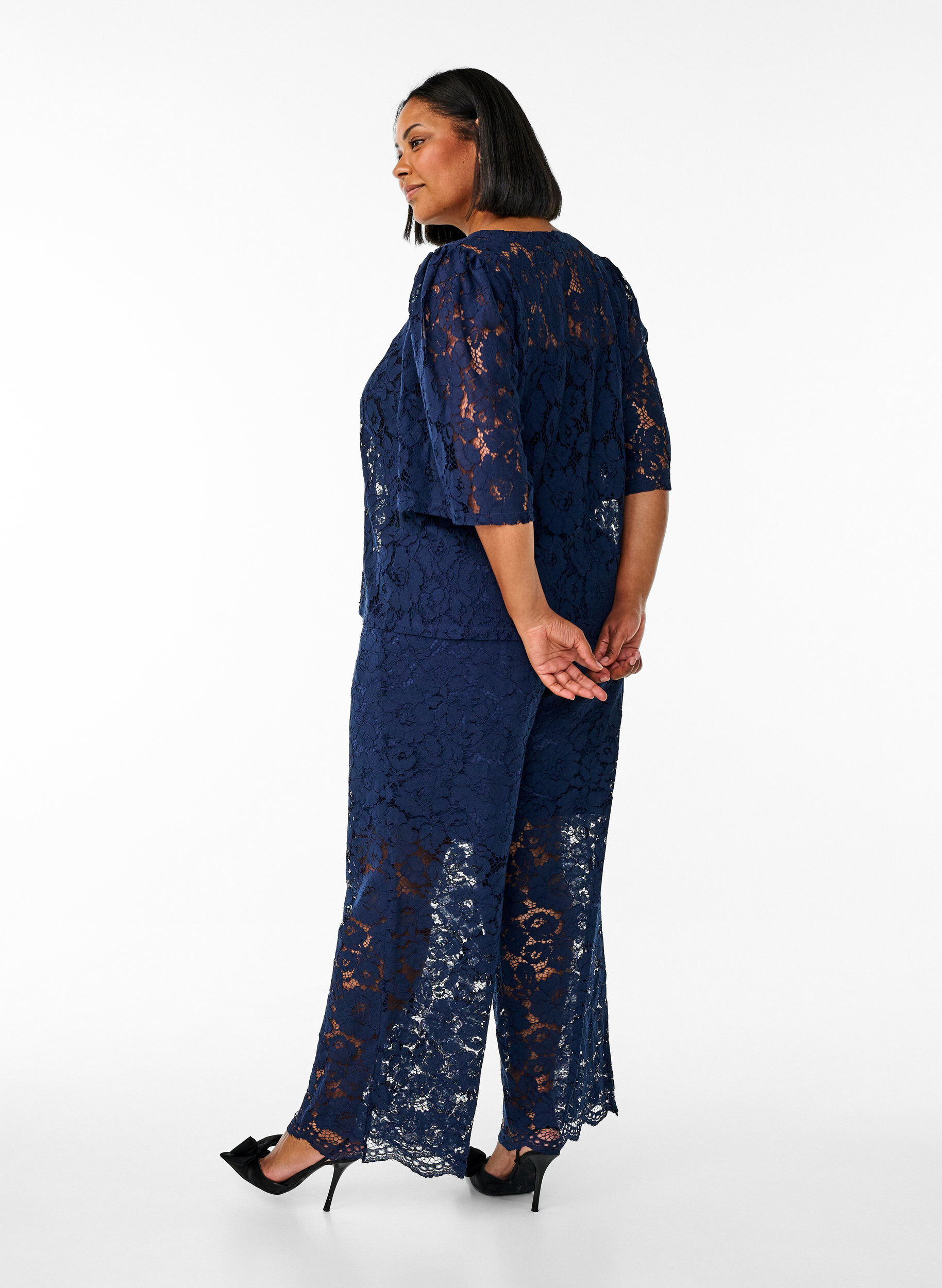 Zizzifashion Lace trousers with a high waist and pockets, Blue, Model image number 1