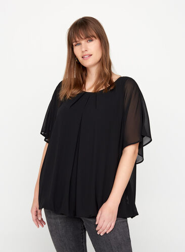 Short blouse with loose mesh sleeves, Black, Model image number 0