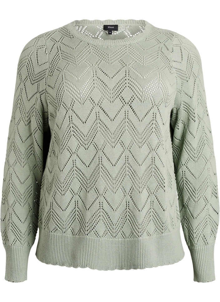 Patterned knit blouse with wavy edge and round neckline, Green, Packshot image number 0