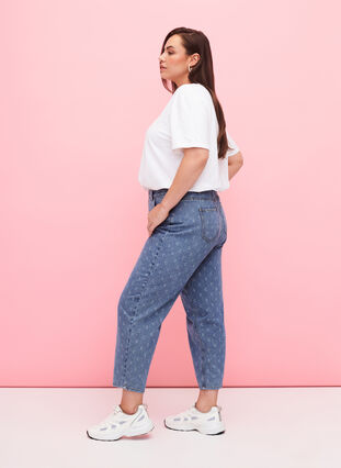 Cropped jeans with print and high waist, Blue denim, Model image number 3