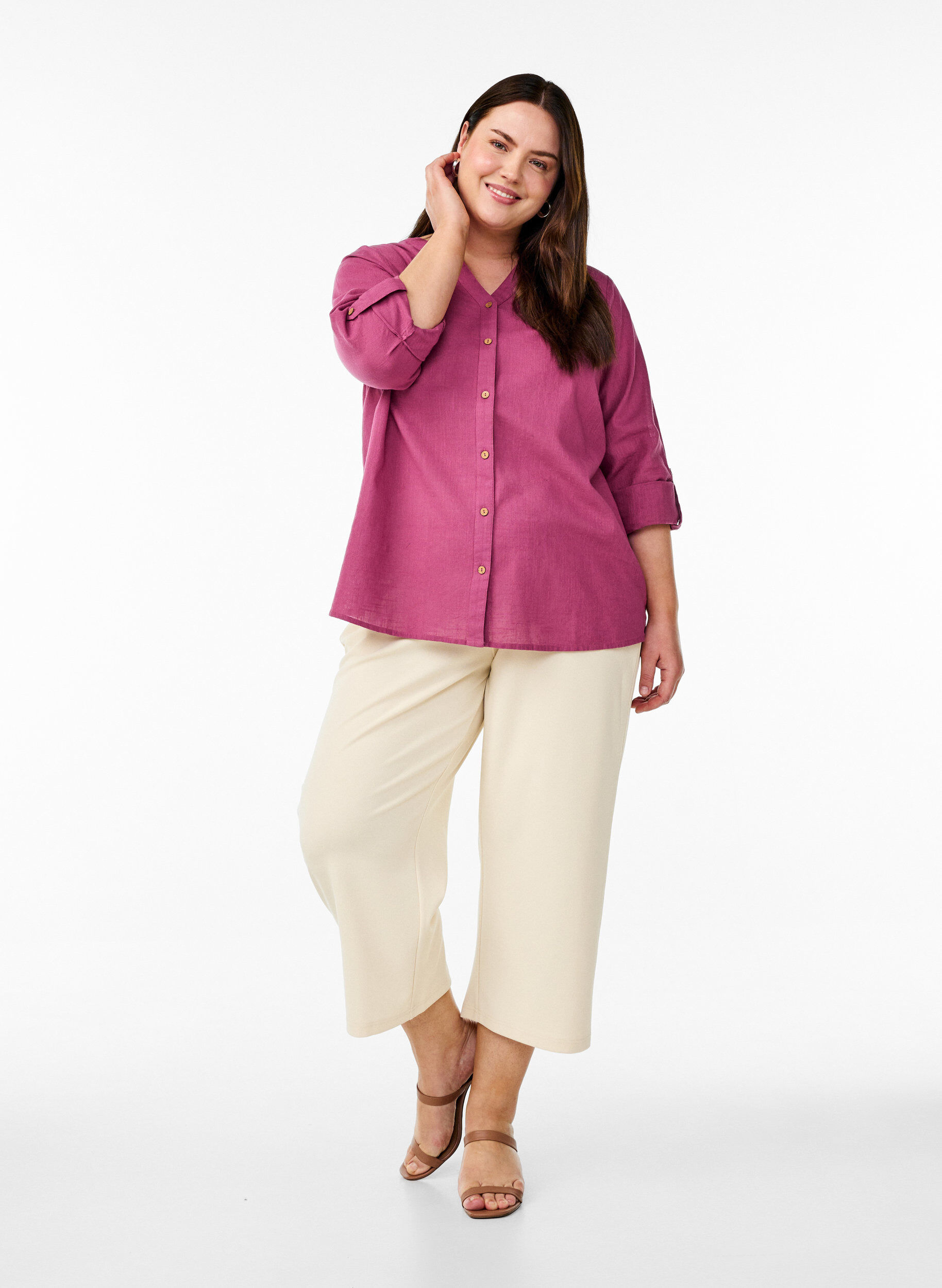 ZizzifashionCotton shirt blouse with a v-neck, Red, Model image number 1