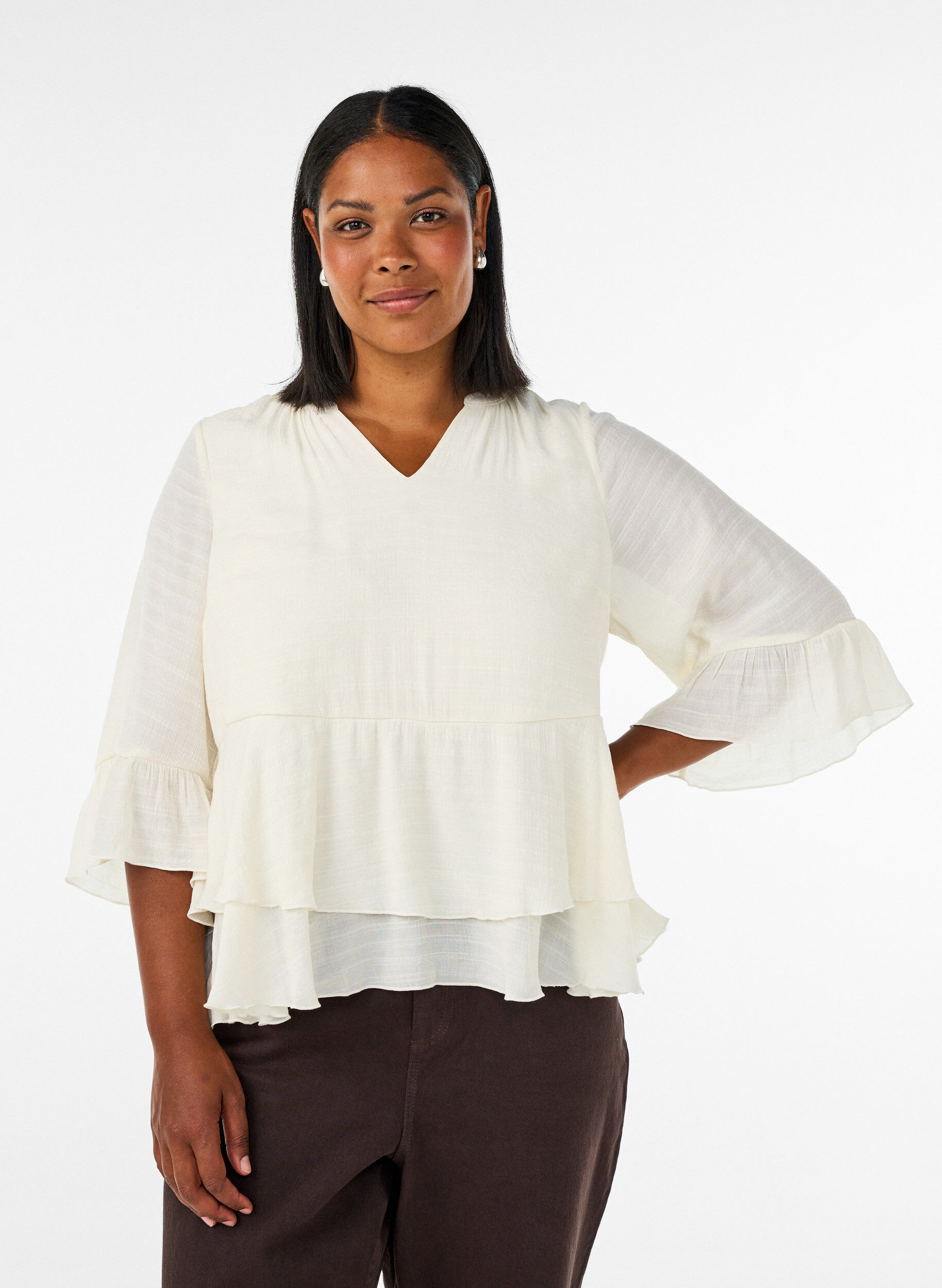 ZizzifashionBlouse with 3/4-sleeves and ruffle details, Vanilla, Model image number 0