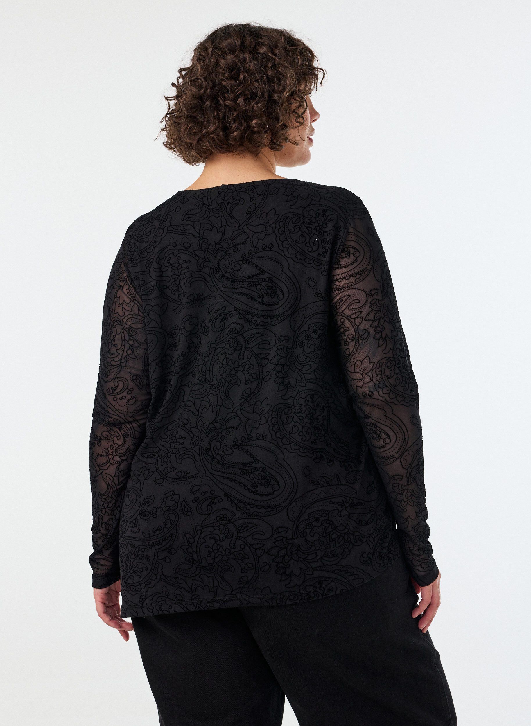 ZizzifashionMesh blouse with paisley print and asymmetrical hem, Black, Model image number 2
