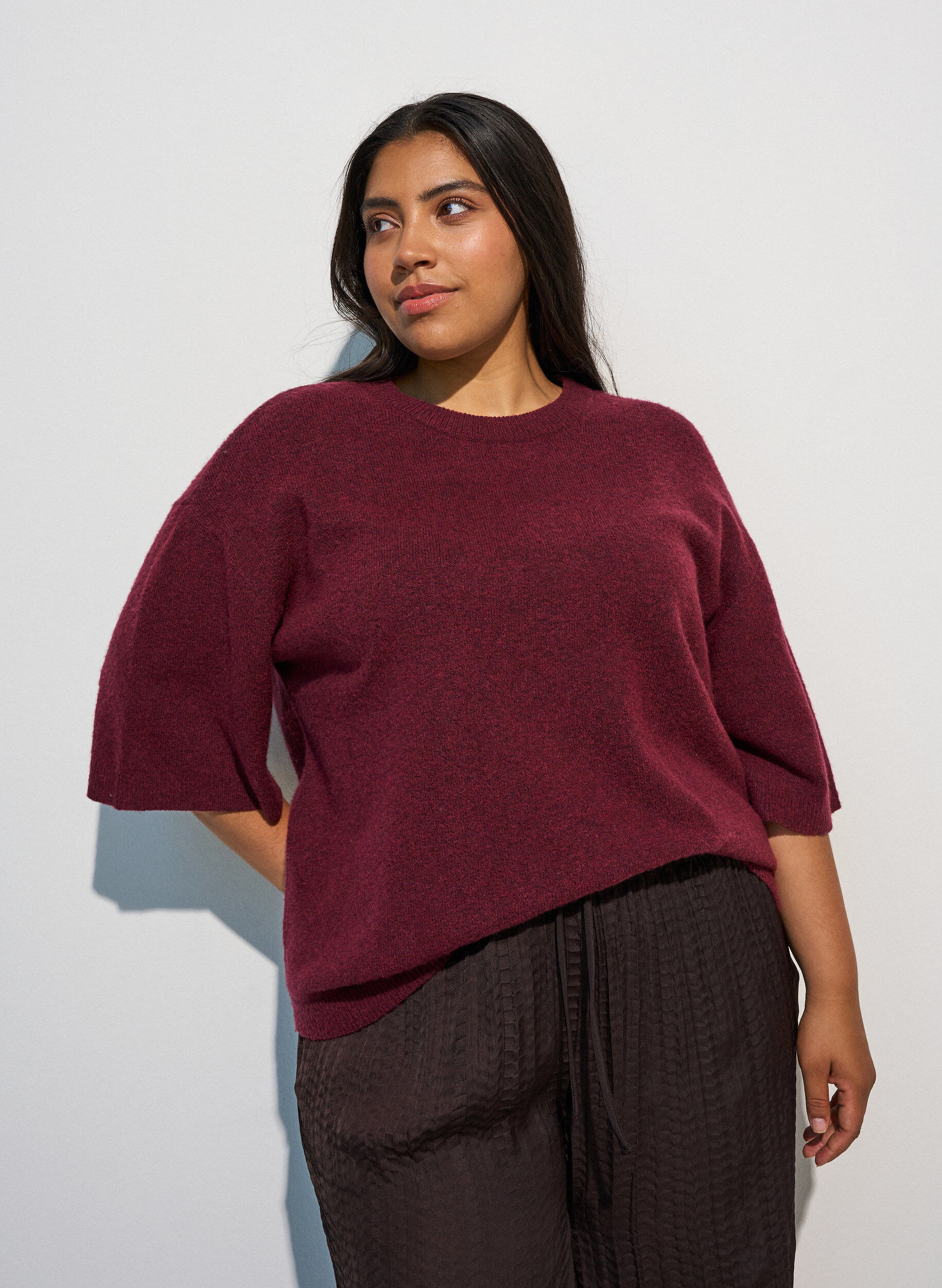 ZizzifashionLoose knitted blouse with short sleeves, Red, Model image number 0