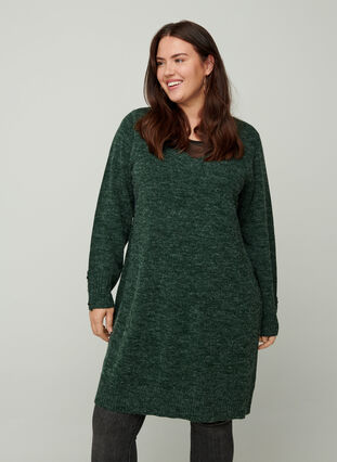 Marled knitted dress with a V-neckline, Darkest Spruce melange, Model image number 0