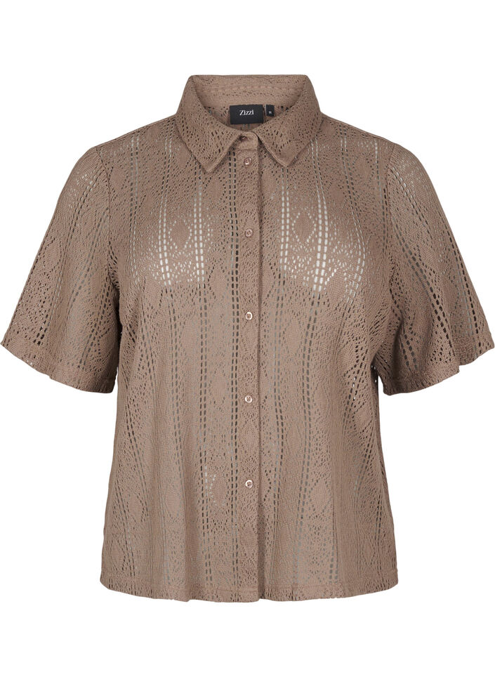 Short-sleeved shirt with openwork pattern, Brown, Packshot image number 0