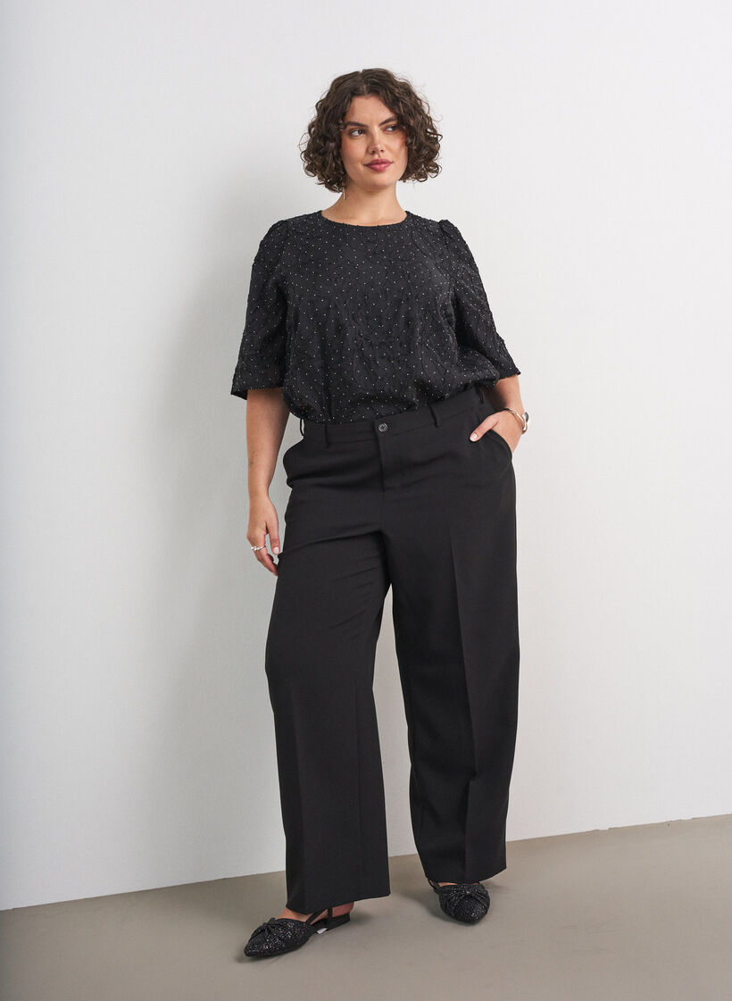 Jacquard blouse with sparkly details and puff sleeves, Black, Model image number 1