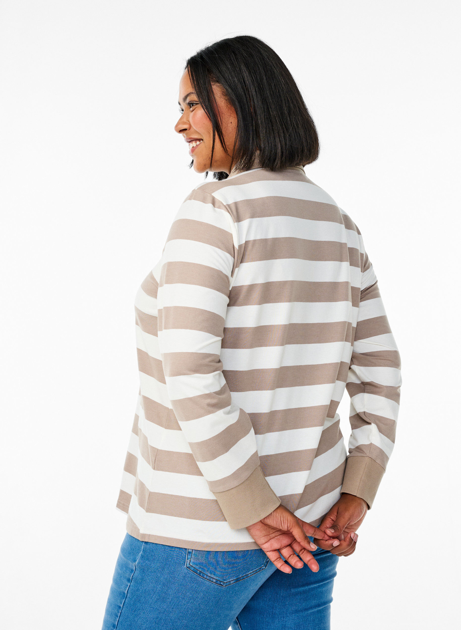 Zizzifashion Long-sleeved polo shirt with stripes, Beige, Model image number 2