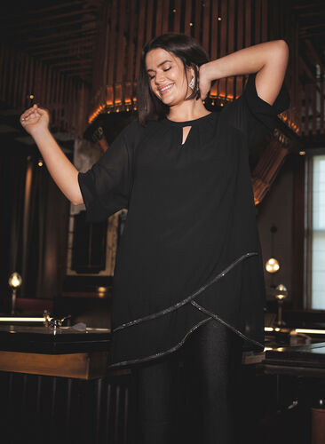 Tunic with 3/ length sleeves and jewels at the hem, Black, Image image number 0