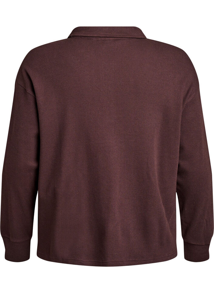 Ribbed jersey polo shirt with long sleeves, Brown, Packshot image number 1
