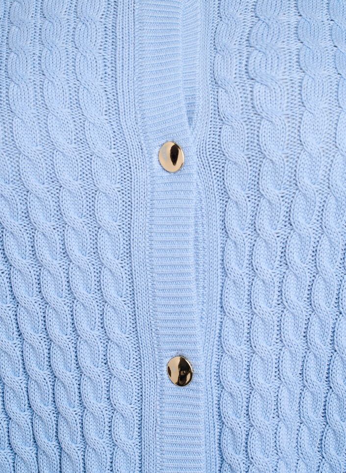Cable knit cardigan with golden buttons, Blue, Packshot image number 2