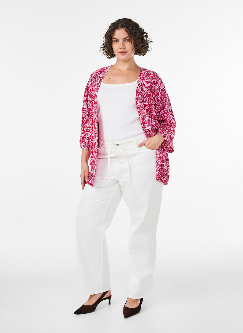Short viscose kimono with 3/4 sleeves, Pink, Model image number 1