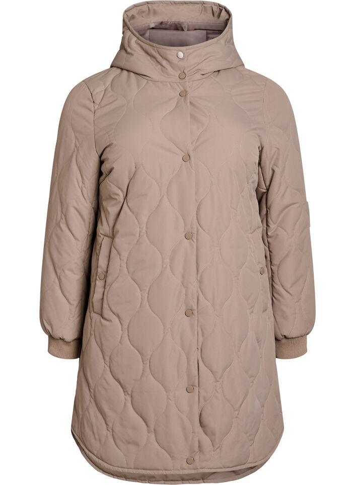 Mid-length quilted jacket with a hood, Brown, Packshot