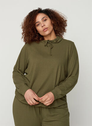 Long-sleeved blouse with a high neck and drawstring, Olive Night, Model image number 0